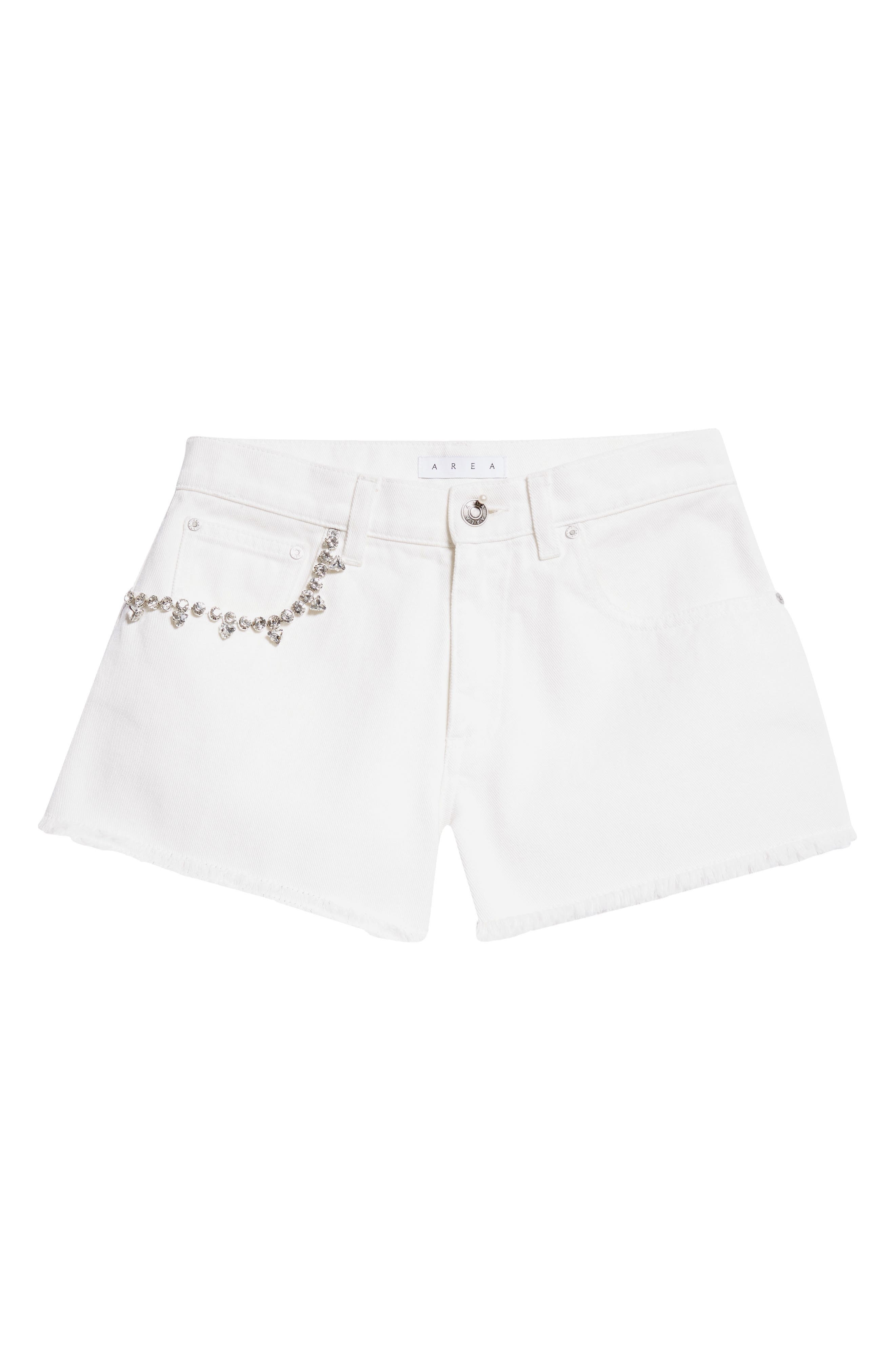 Area Crystal Pocket Denim Cutoff Shorts in White at Nordstrom - 6