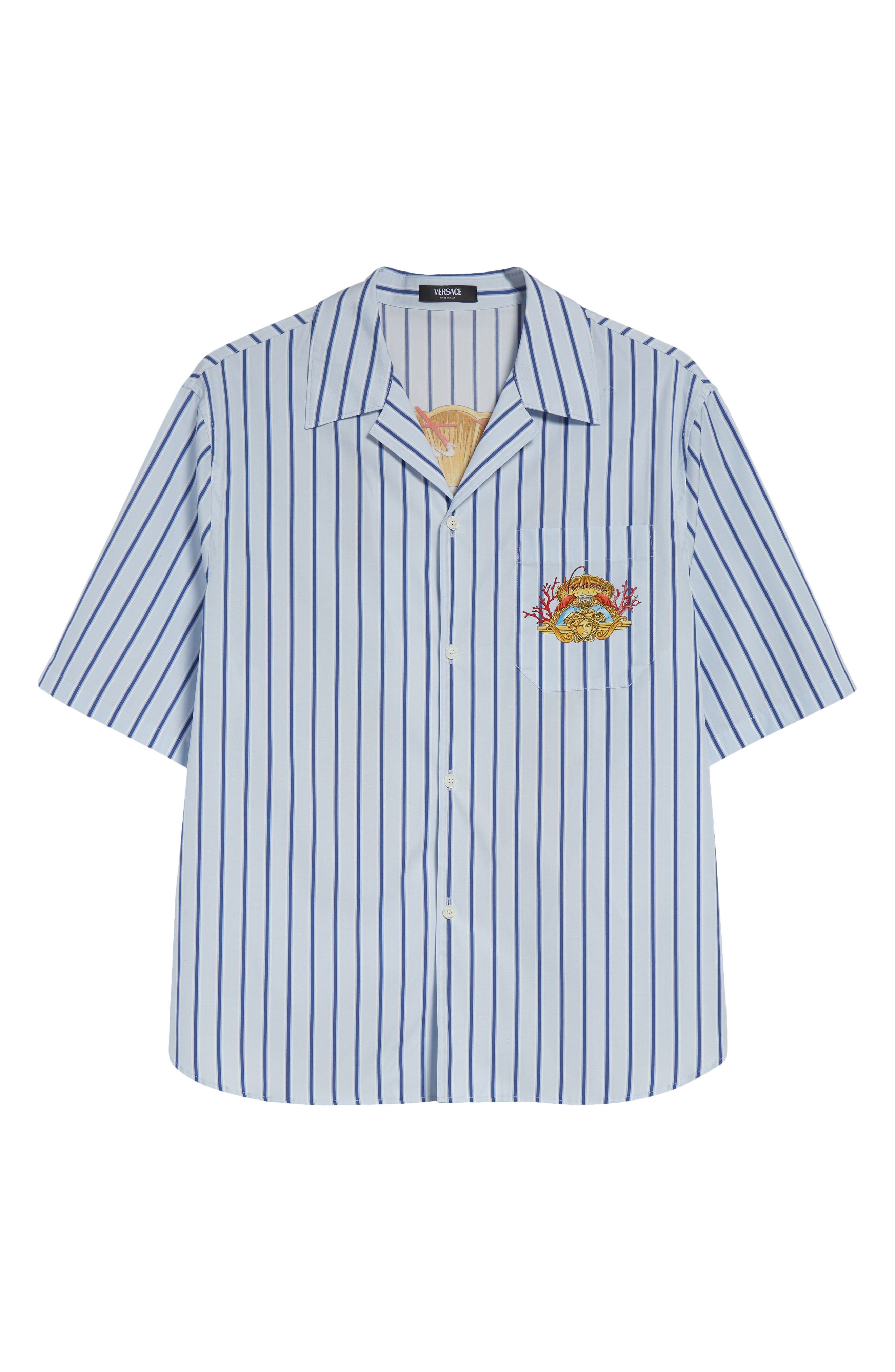 Versace Dive in Crest Cotton Poplin Camp Shirt in Blue Stripes Multi at Nordstrom - 5