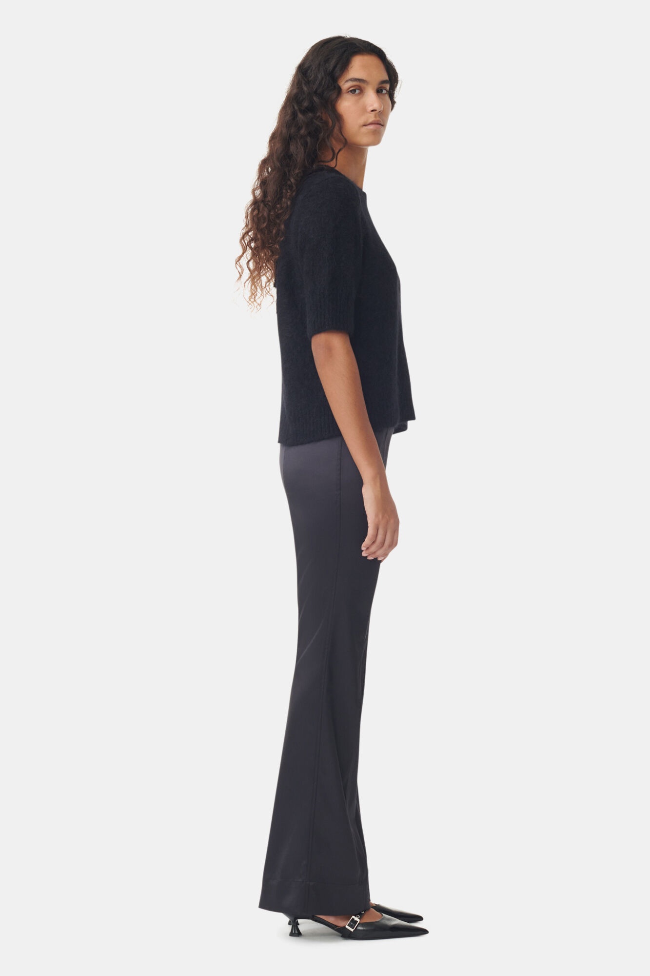 BLACK DOUBLE SATIN FLARED PANTS - 3