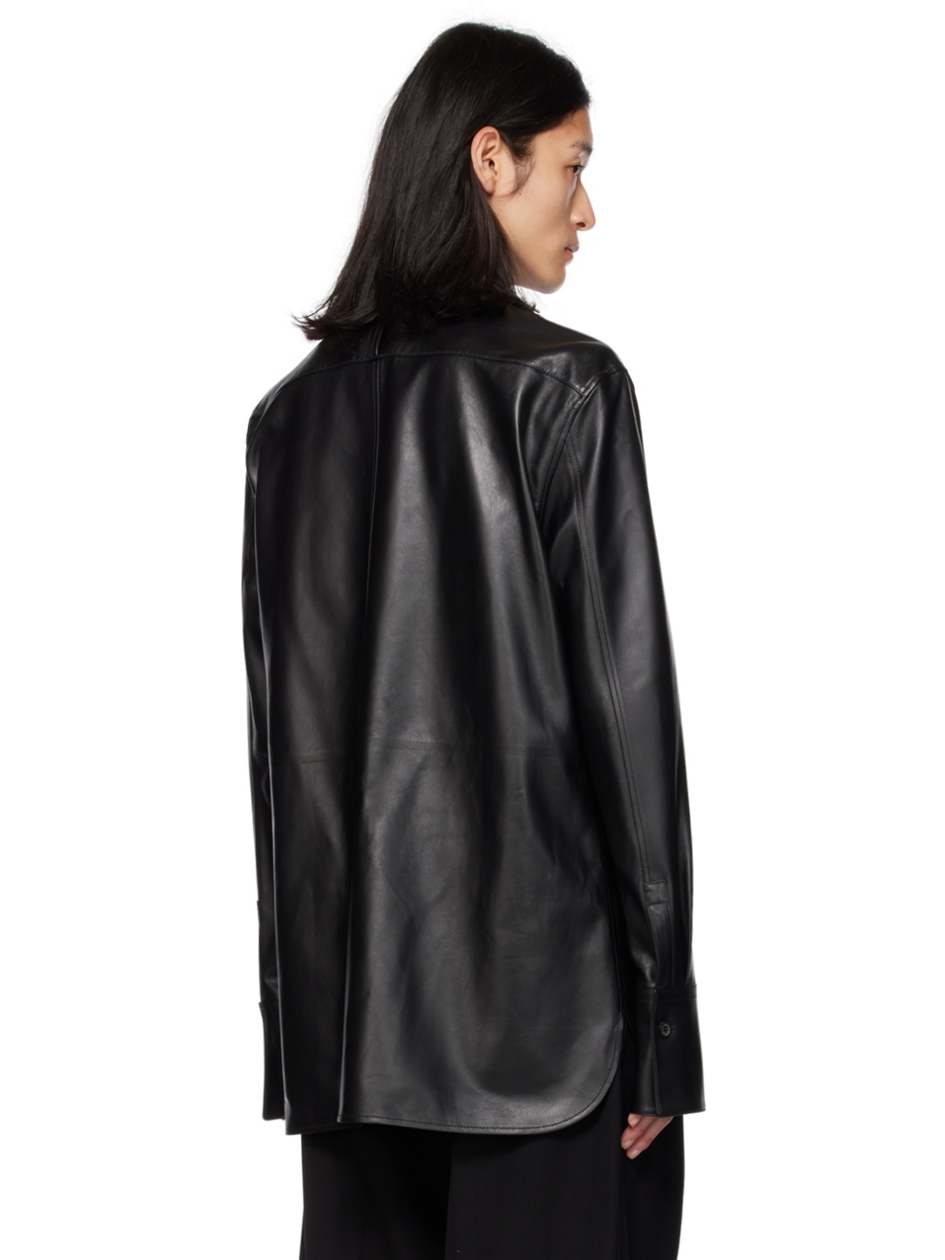 Black Paneled Leather Shirt - 3