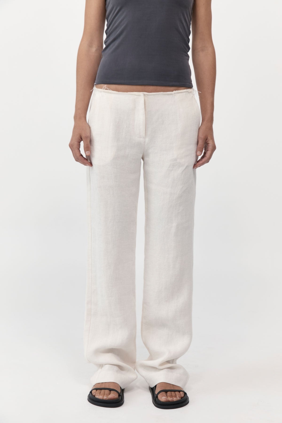 Low Waist Raw Edge Pants - Ivory - 5