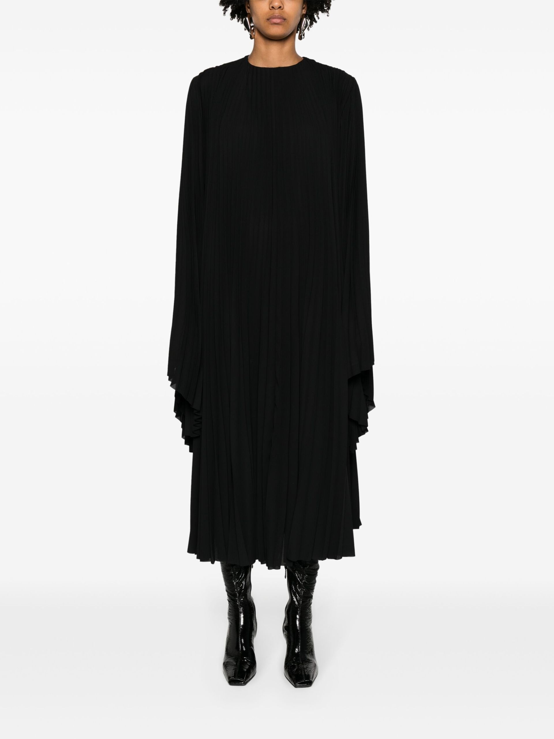 Black Pleated Long-Sleeve Maxi Dress - 1