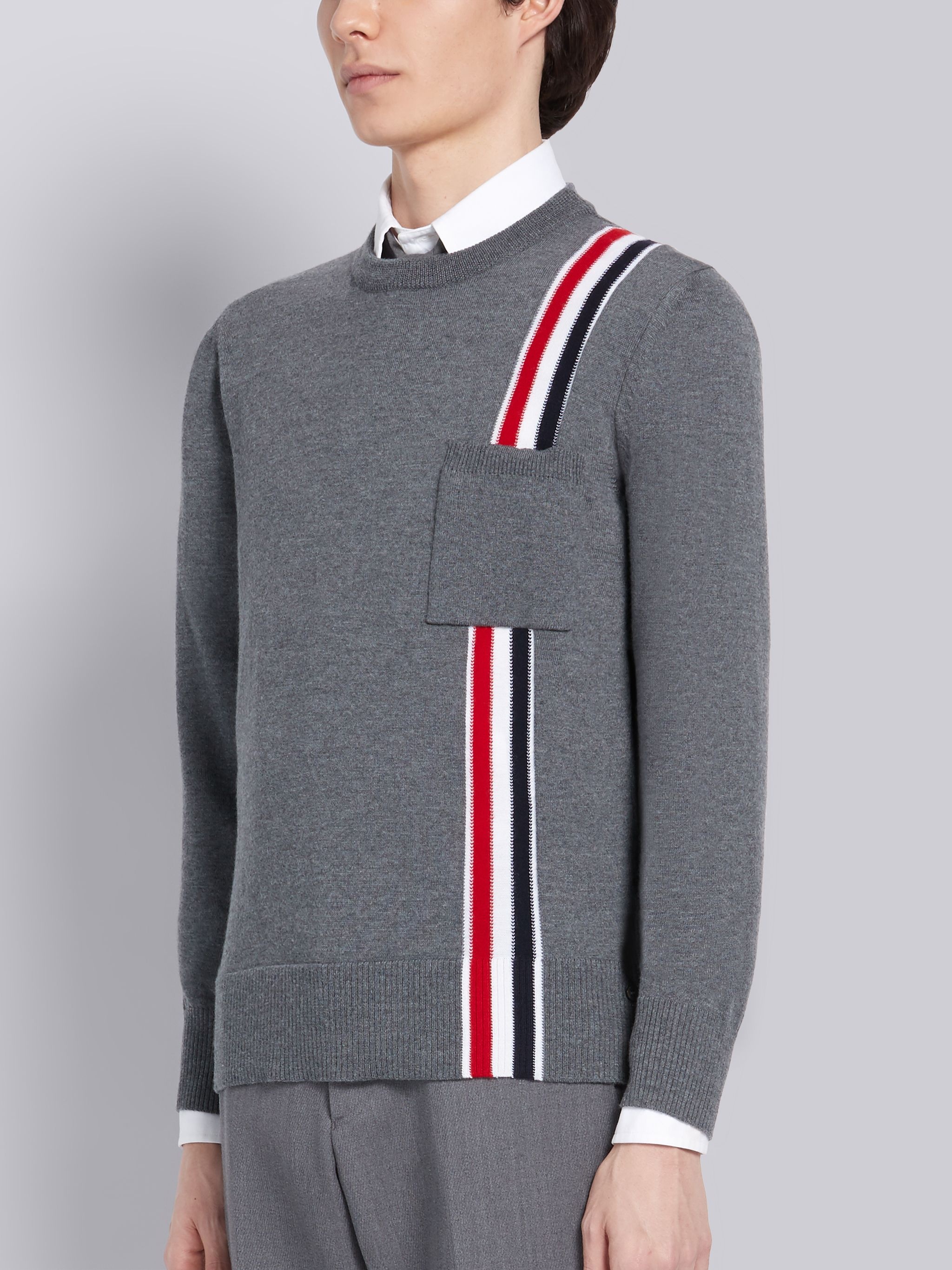 Medium Grey Merino Wool Jersey Stitch Tricolor Intarsia Stripe Crewneck Pullover - 2