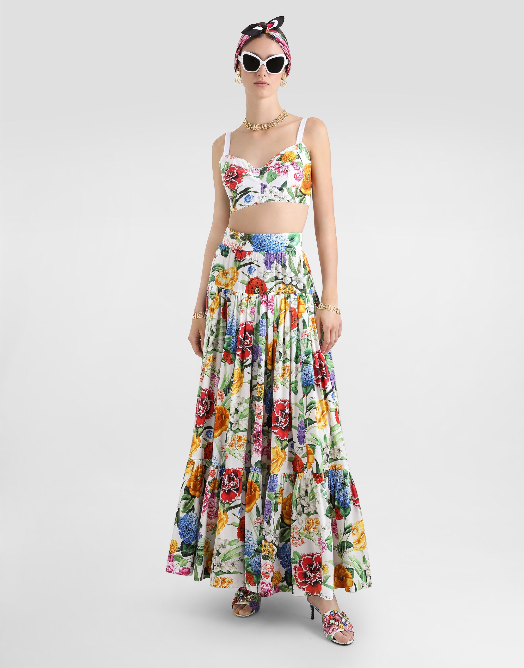 Dolce & Gabbana Long ruffled skirt in floral-print cotton