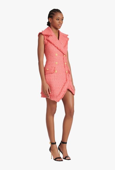 Short salmon pink tweed dress with gold-tone double-buttoned fastening - 7