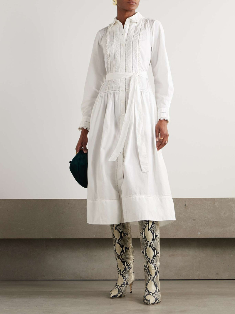 ULLA JOHNSON Ariane belted crocheted-trimmed cotton-poplin midi dress White outlook