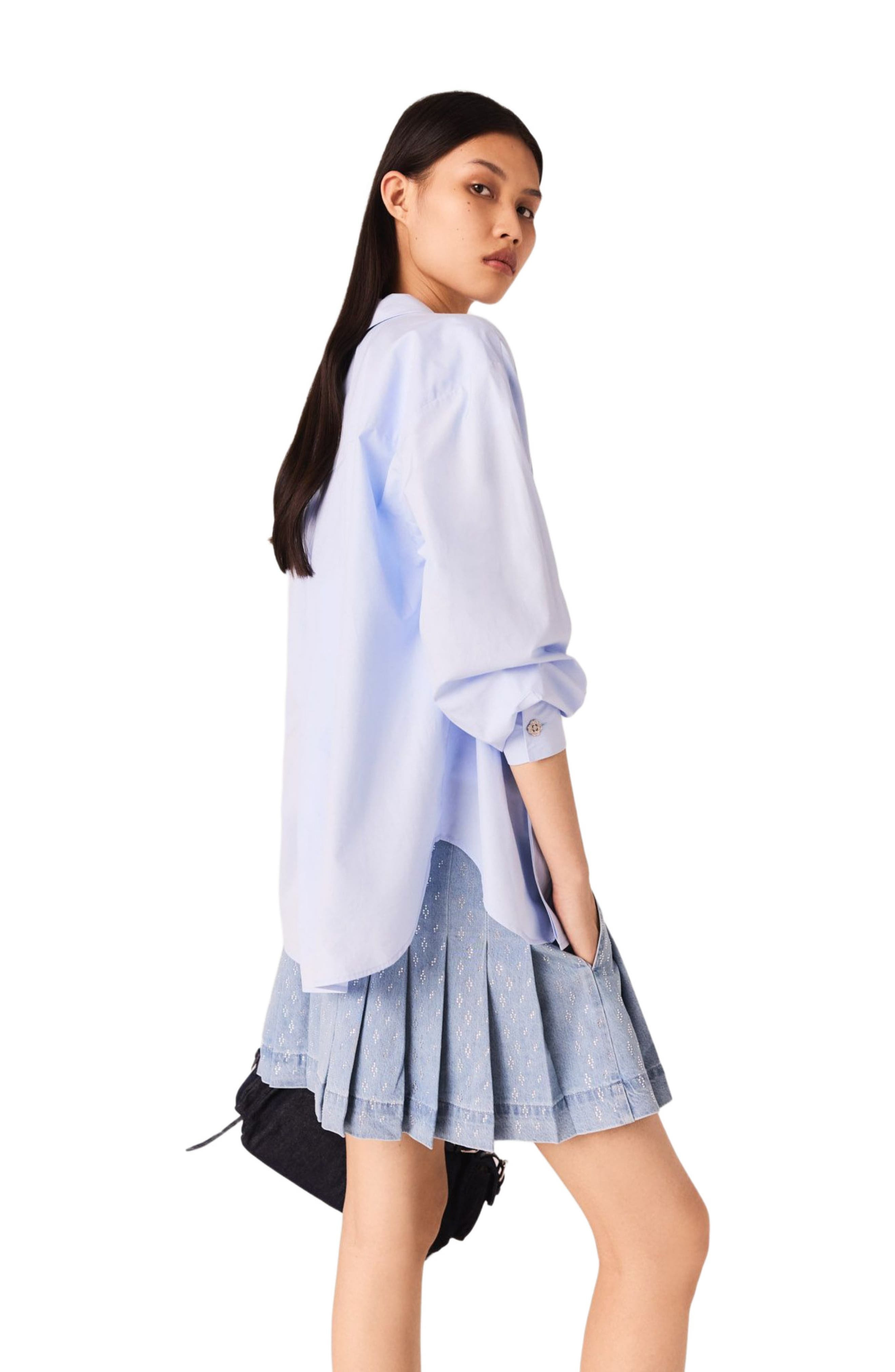 maje Rhinestone pleated denim skirt in Denim Blue at Nordstrom - 3
