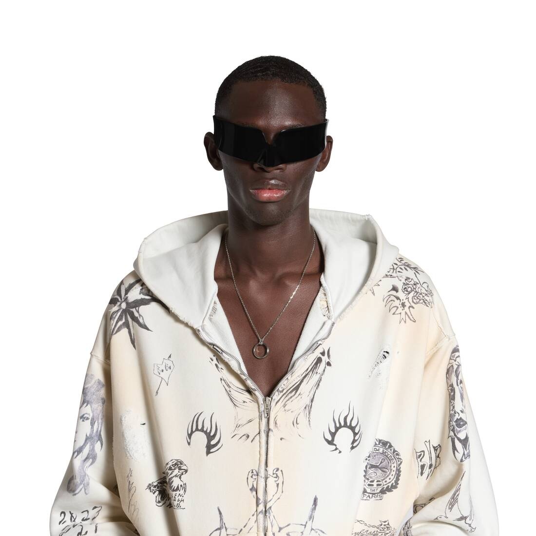 BALENCIAGA Men's Tat Zip-up Hoodie Medium Fit in Off White