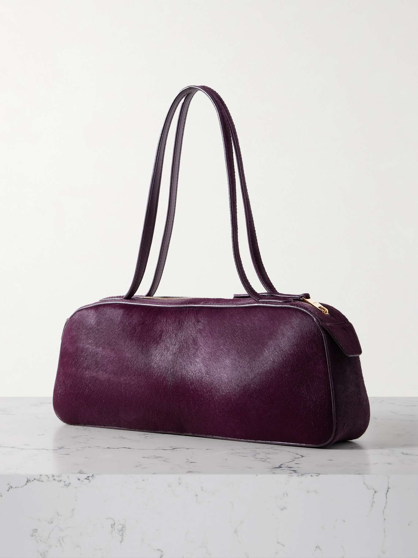 Simona leather-trimmed calf hair shoulder bag Burgundy - 3
