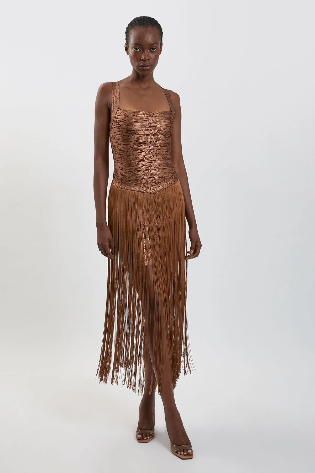 Foil Metallic Figure Form Bandage Fringed Knit Maxi Dress - 1