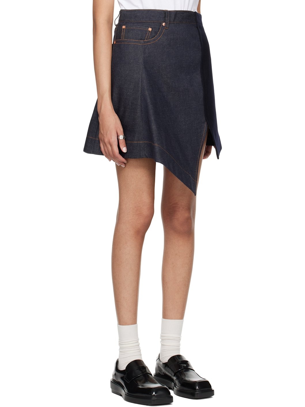 Navy Wool Paneled Denim Miniskirt - 2