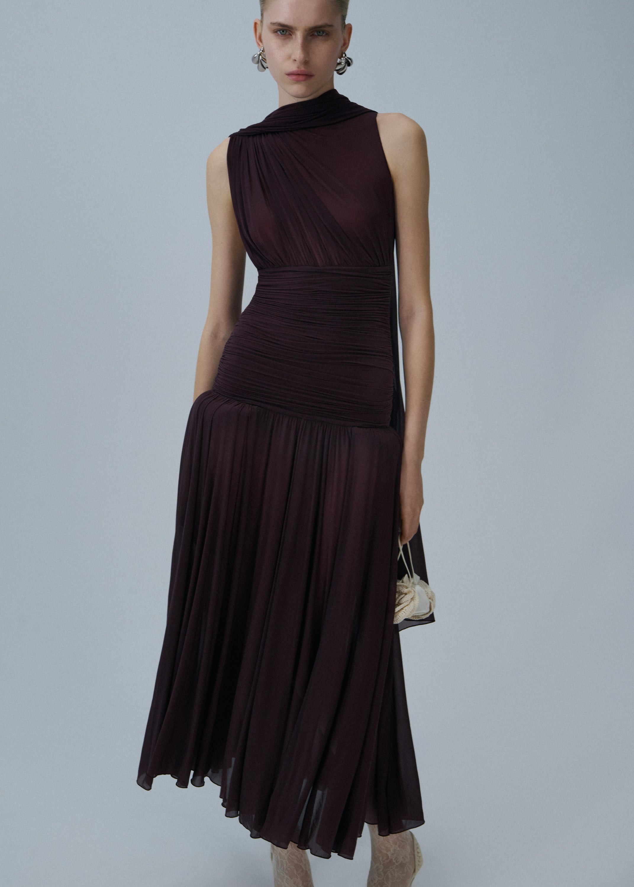 Drop-waist sheer midi dress in bordeaux - 3