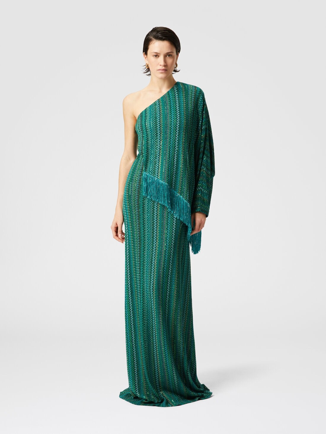 Long one-shoulder zigzag dress with sequins and fringes - 2