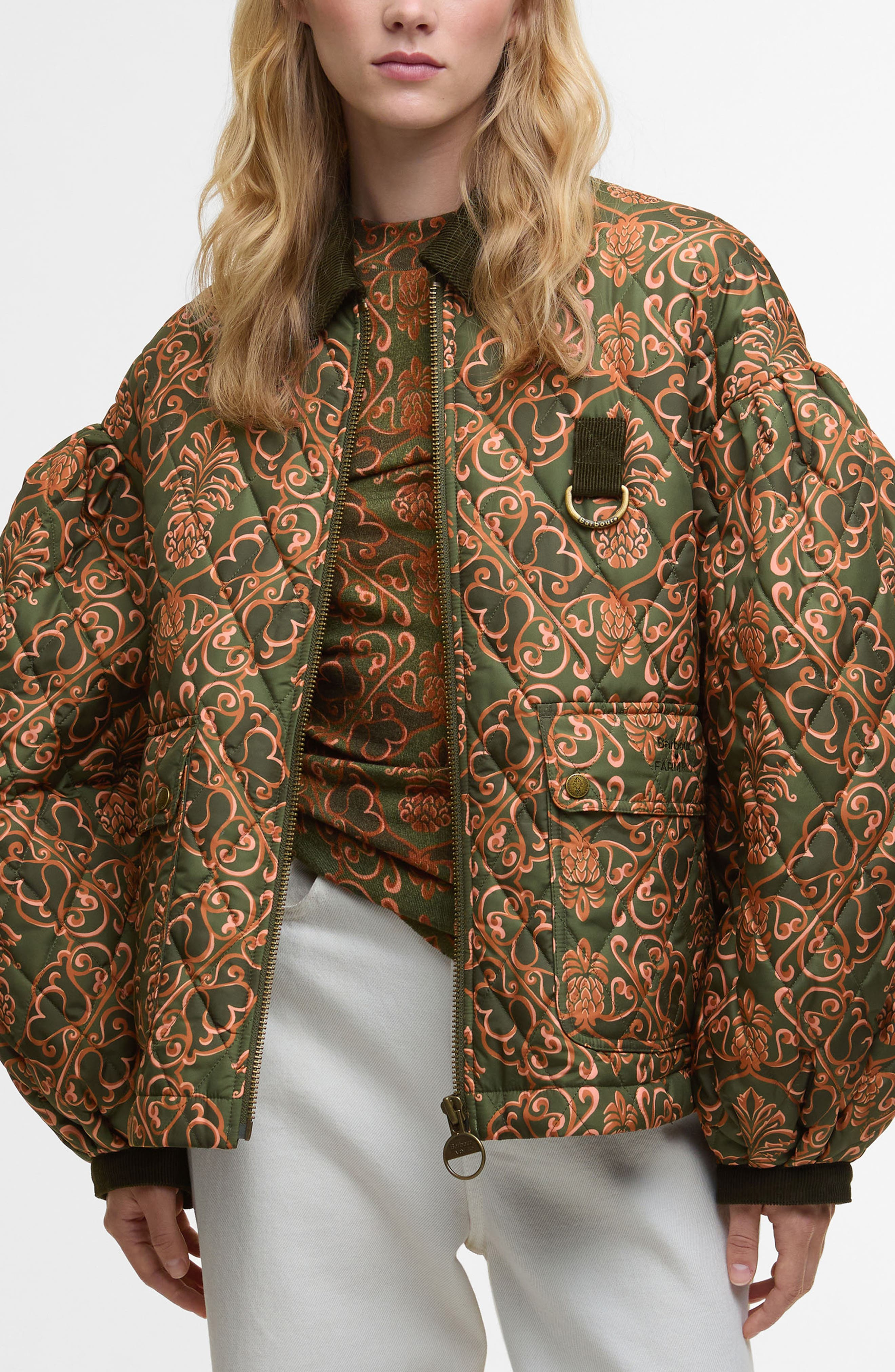 Barbour x FARM Rio Luisa Quilted Jacket in Pineapple/Green Heart Print at Nordstrom - 2