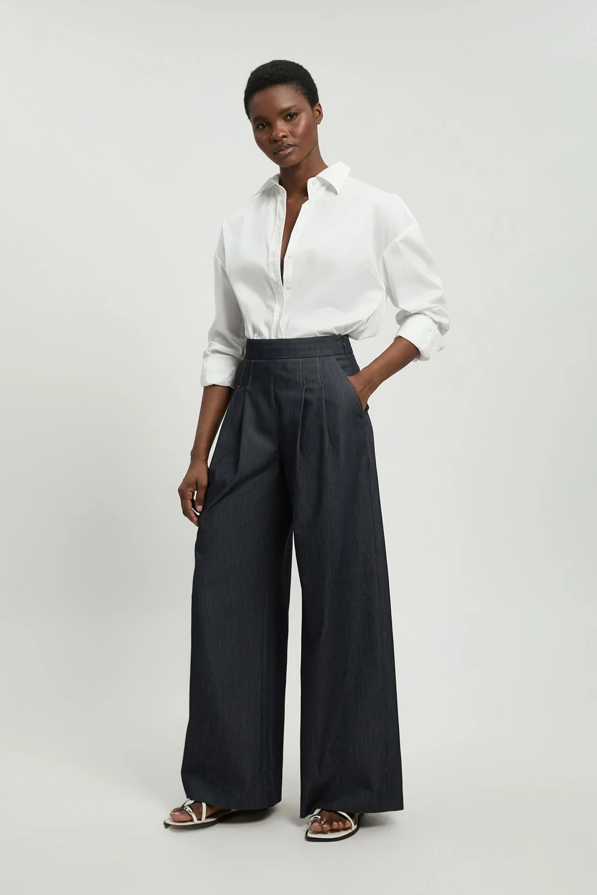 Tailored Denim Wide Leg Pleat Detail Trouser - 1