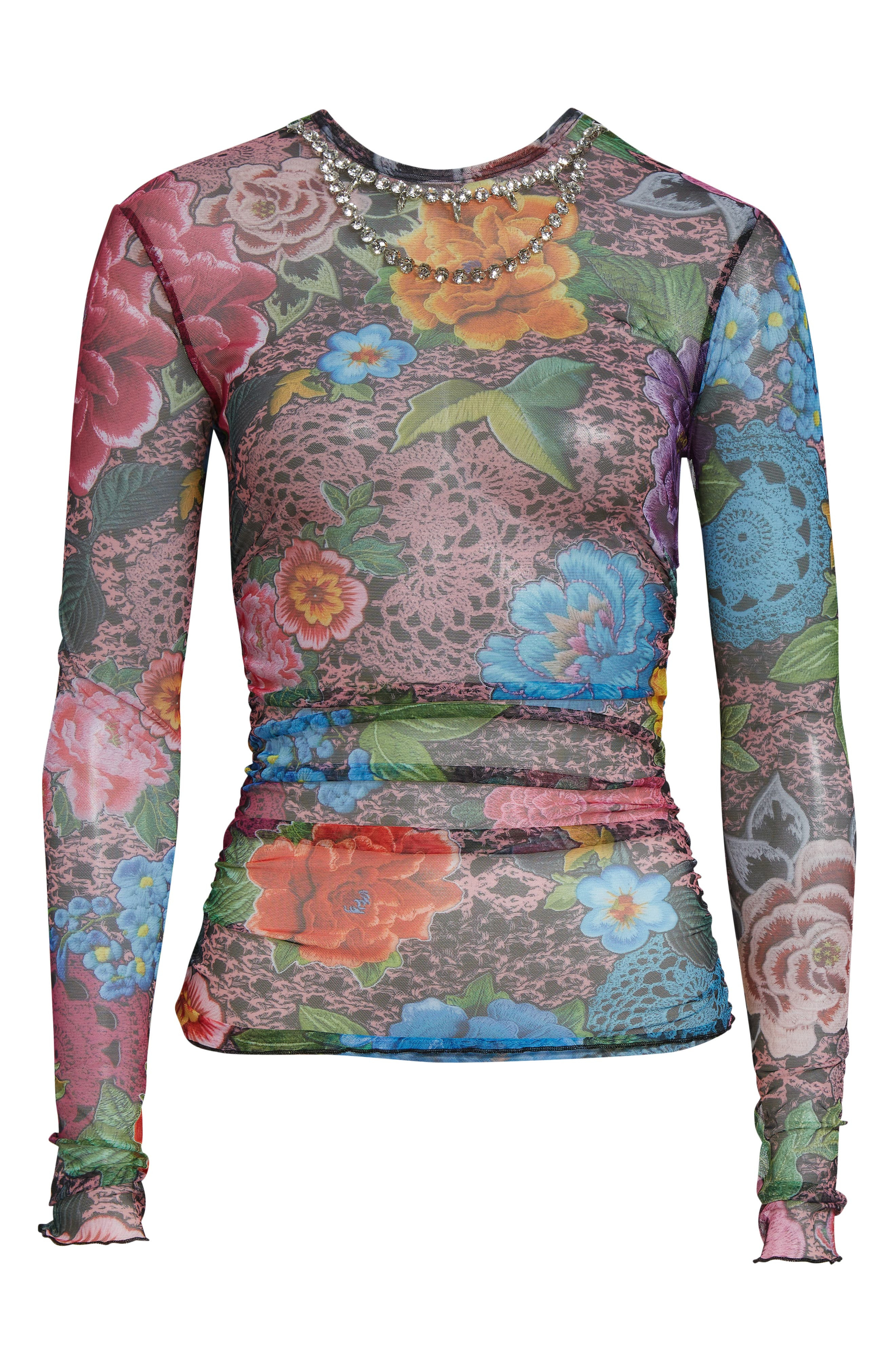 Area Crystal Embellished Floral Tulle Top in Pink Multi at Nordstrom - 5
