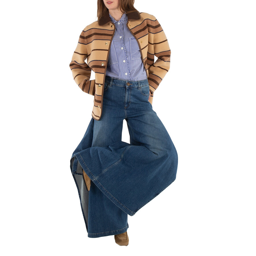 Burberry Ladies Deep Slate Blue Wide-Leg Draped Denim Jeans - 6