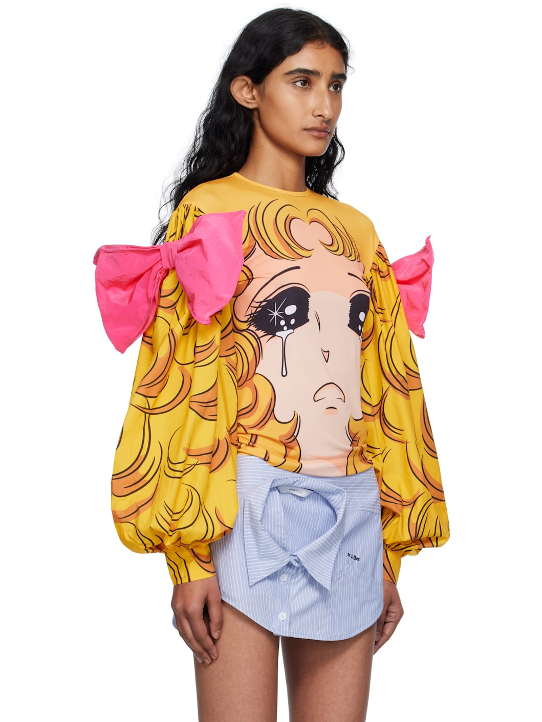 Yellow Crying Girl Puff Sleeve Ribbon T-shirt - 2