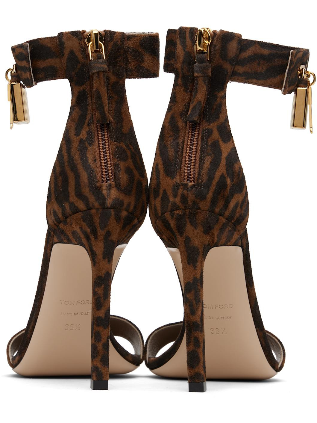 Brown Ocelot-Print Suede Padlock Heeled Sandals - 2