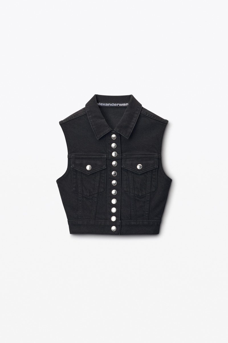 cropped trucker vest in comfort-stretch denim 1