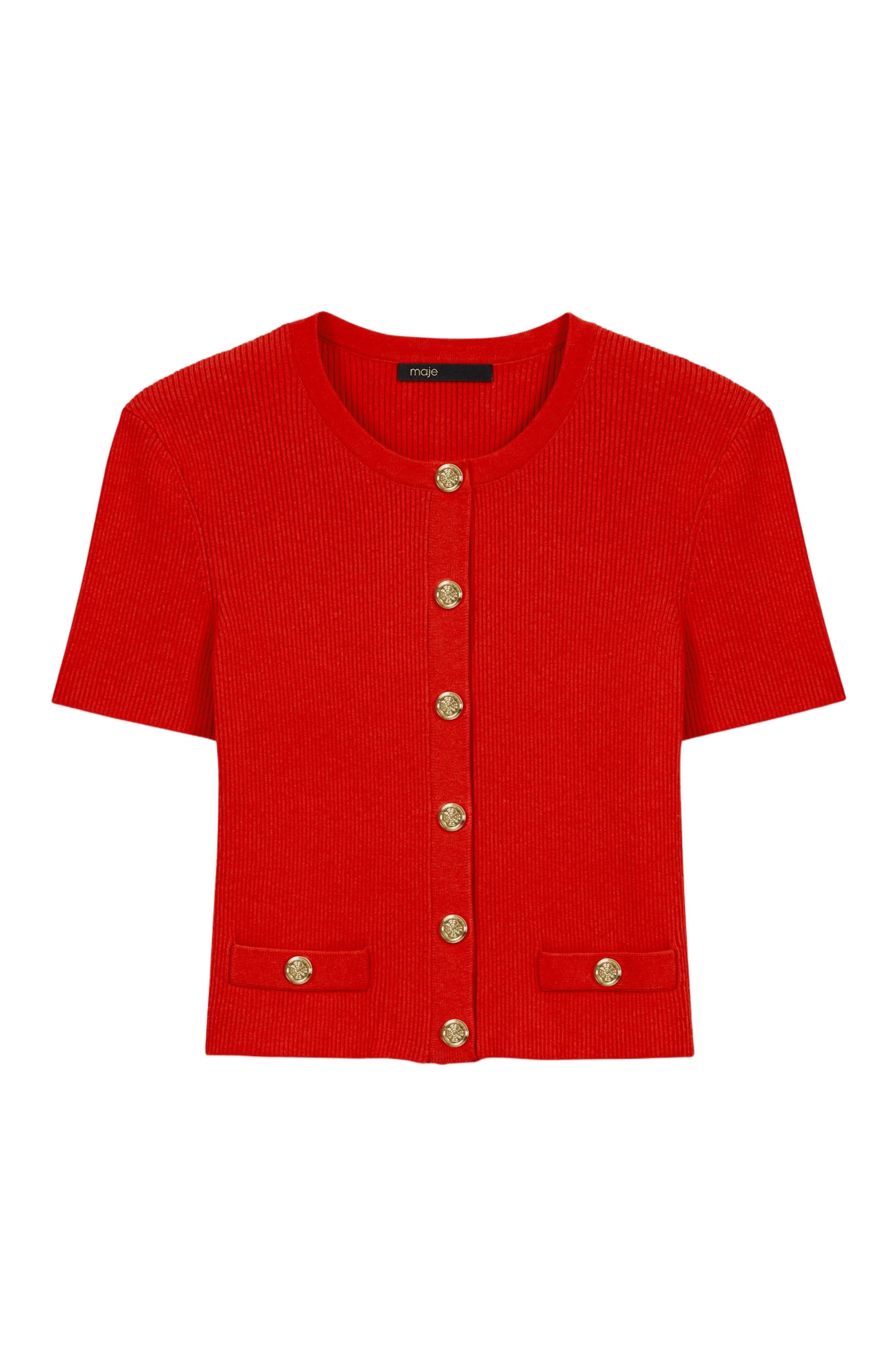 maje Cropped cardigan with gold buttons in Red at Nordstrom - 4