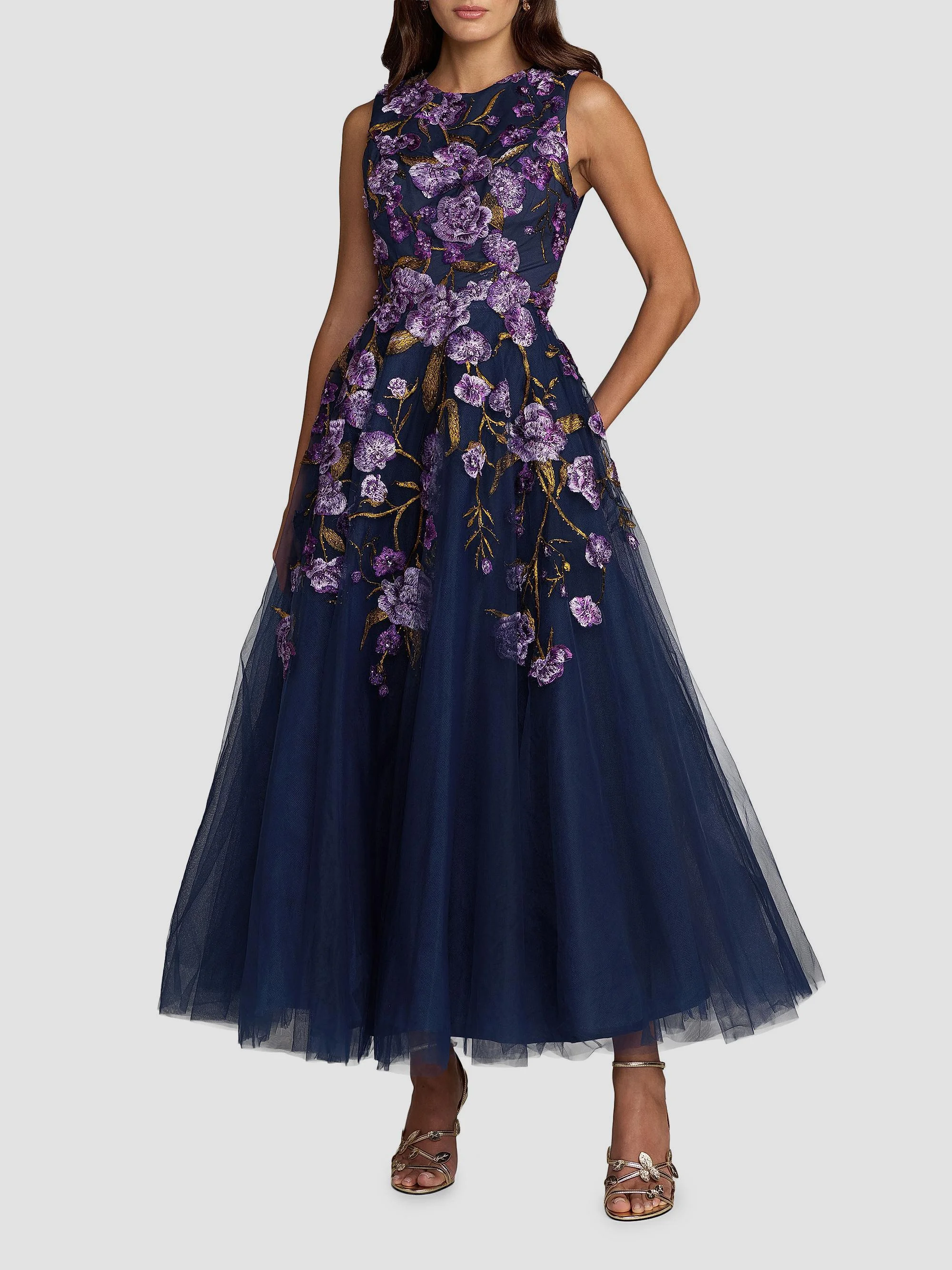 Women's Floral-Embroidered Tulle Tea-Length Cocktail Dress - Midnight Multi - 1