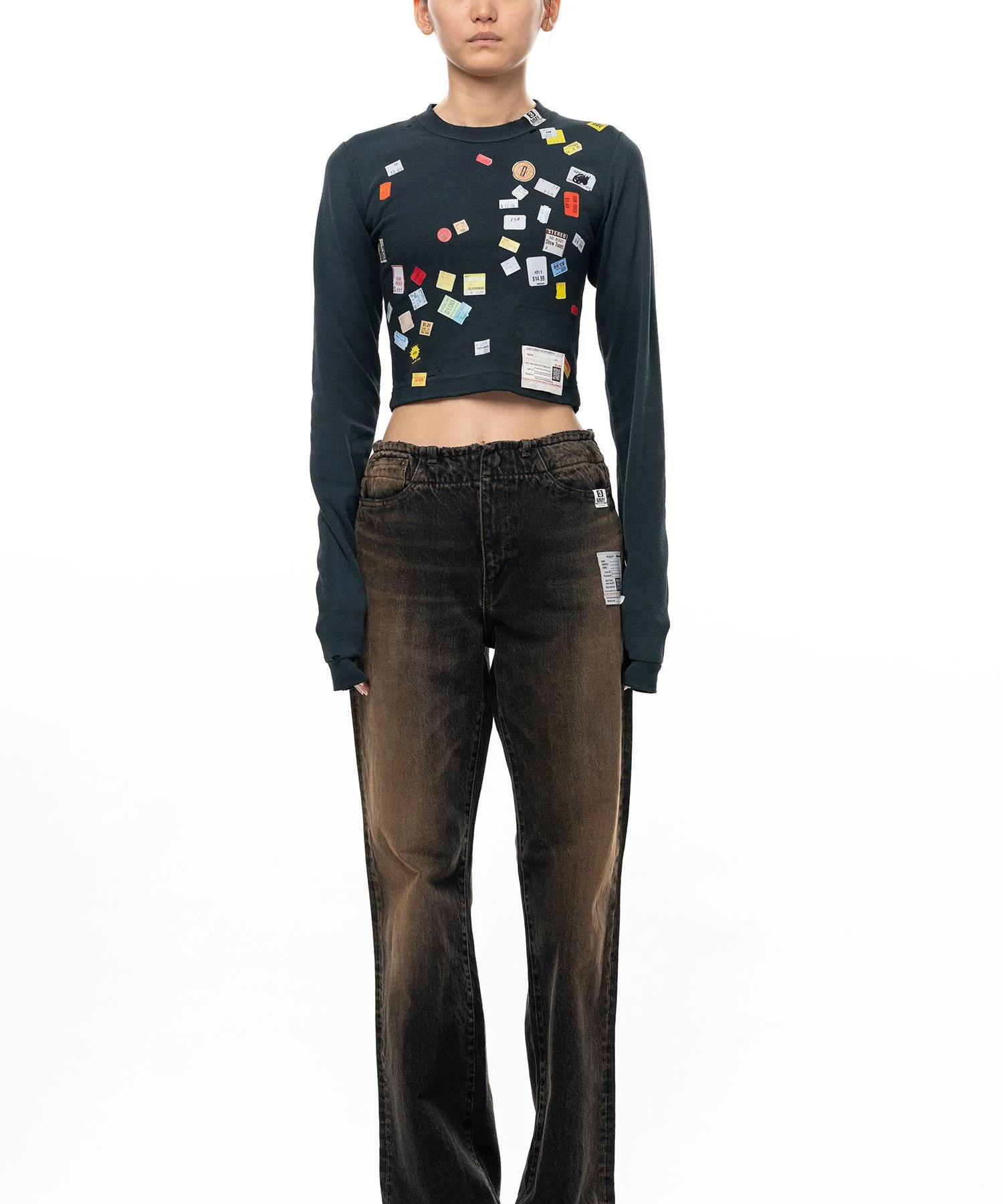 Price Tag Sticker Printed Cropped Long Sleeve T-shirt - 1