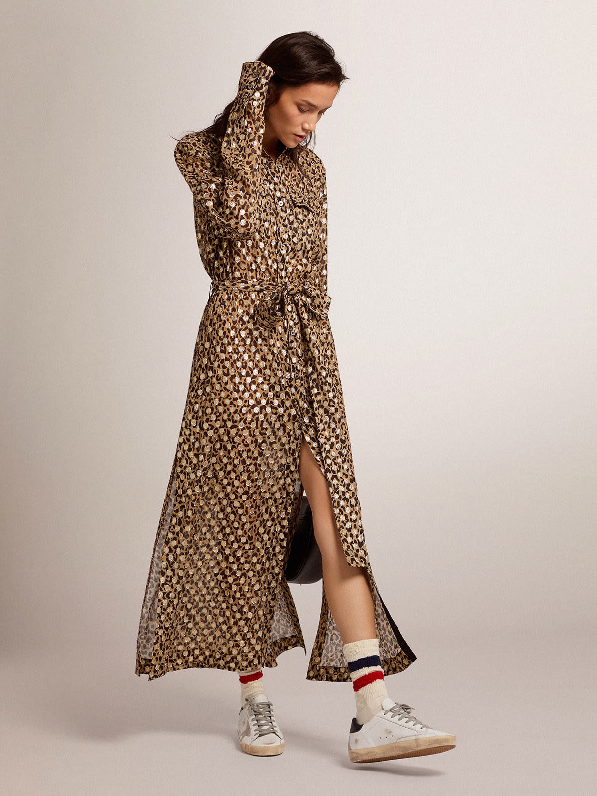 Women's shirt dress with animal print and gold fil coupé - 3