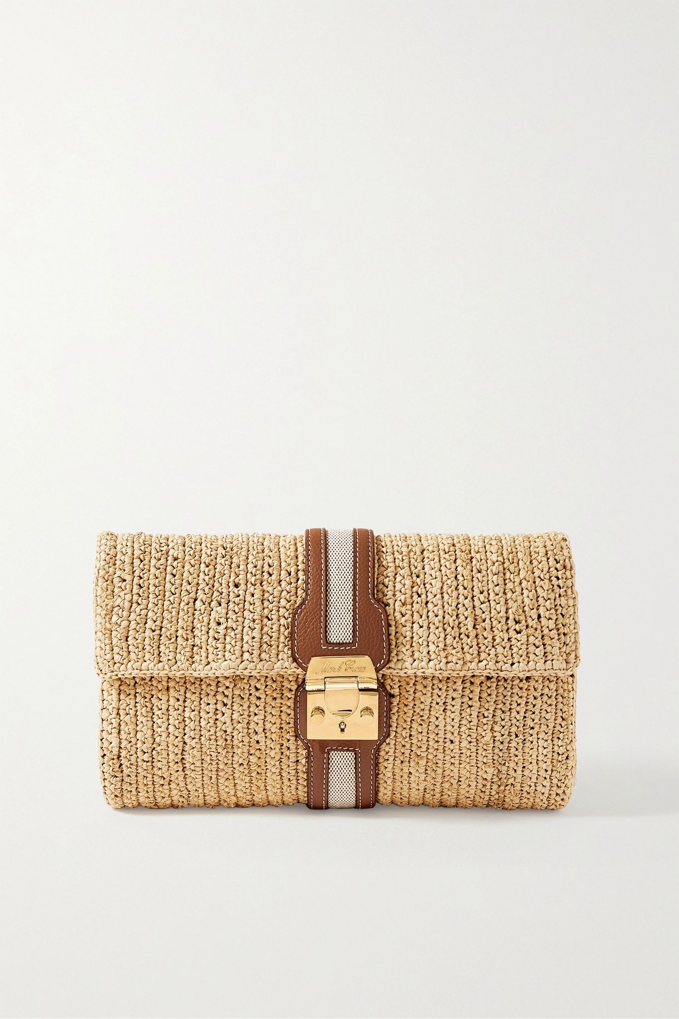 Sylvette leather and canvas-trimmed woven raffia clutch - 1