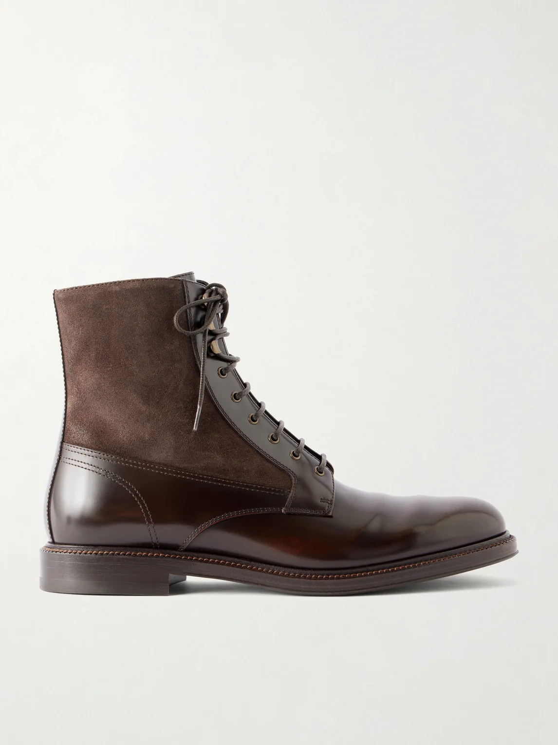 Suede-Trimmed Leather Lace-Up Derby Boots - 1