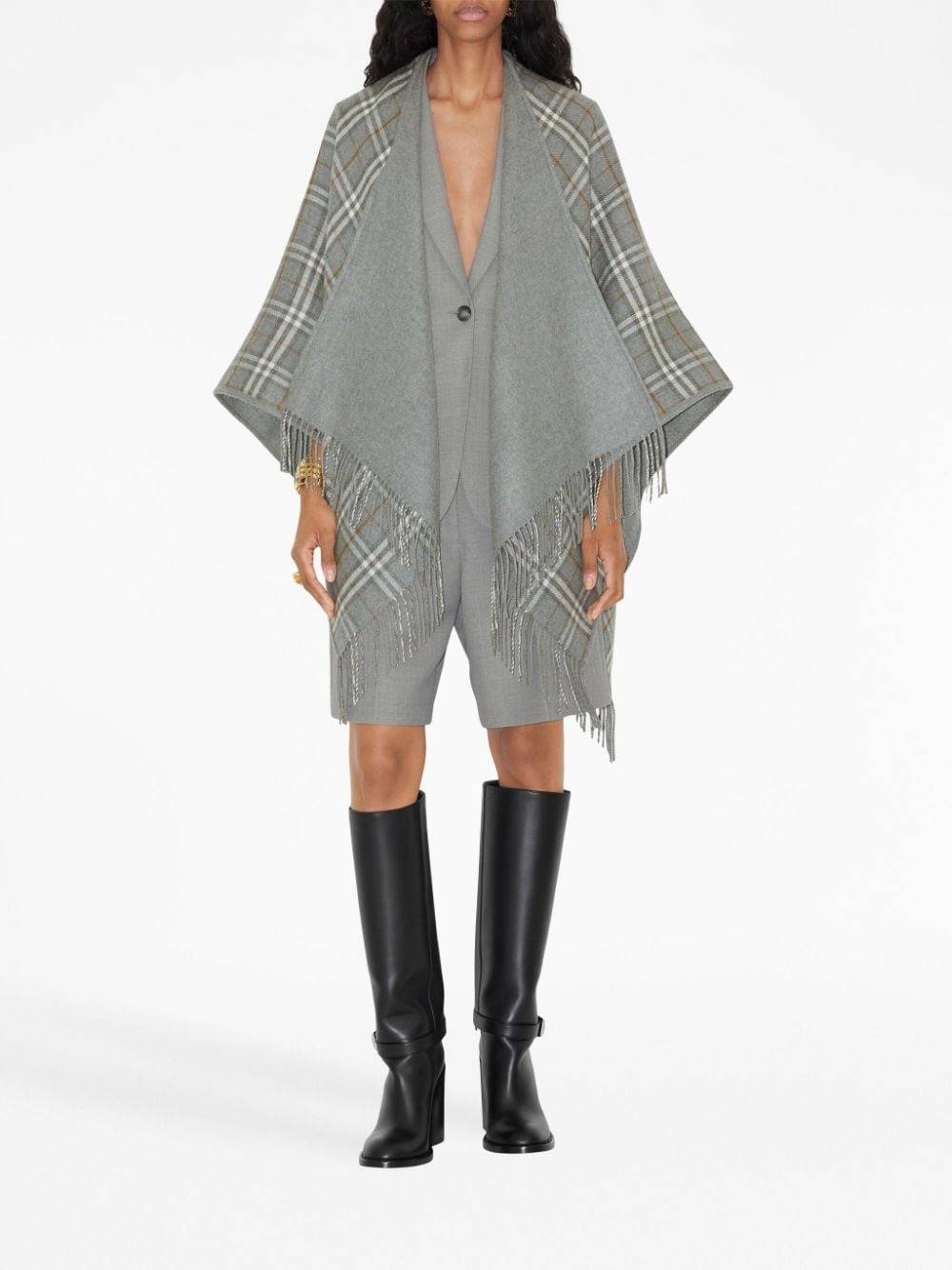 check-print reversible wool cape - 4