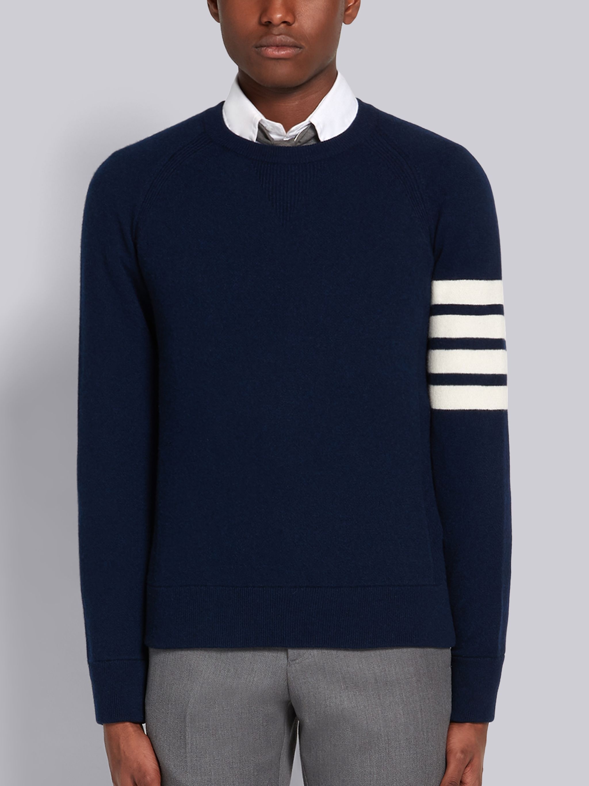 Navy French Terry Cashmere 4-Bar Crewneck Pullover - 1