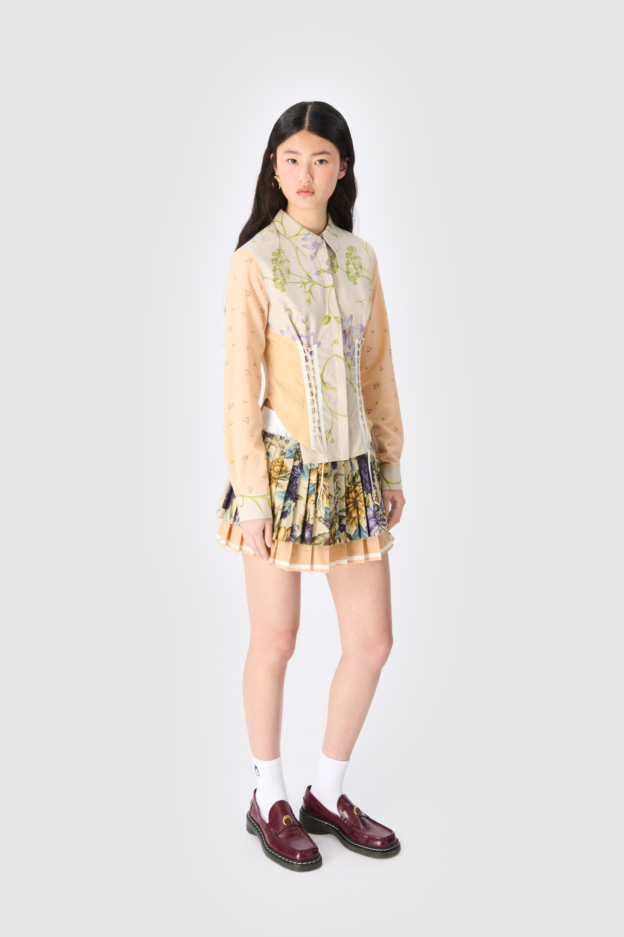 Upcycled Floral Linen Pleated Skirt - 2