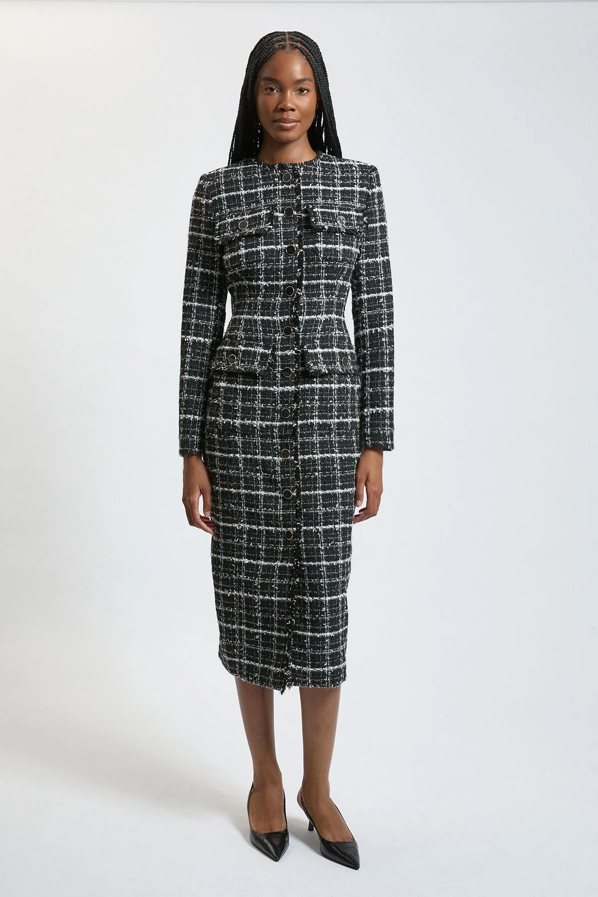 Sparkle Tweed Long Sleeve Tailored Midi Dress - 1