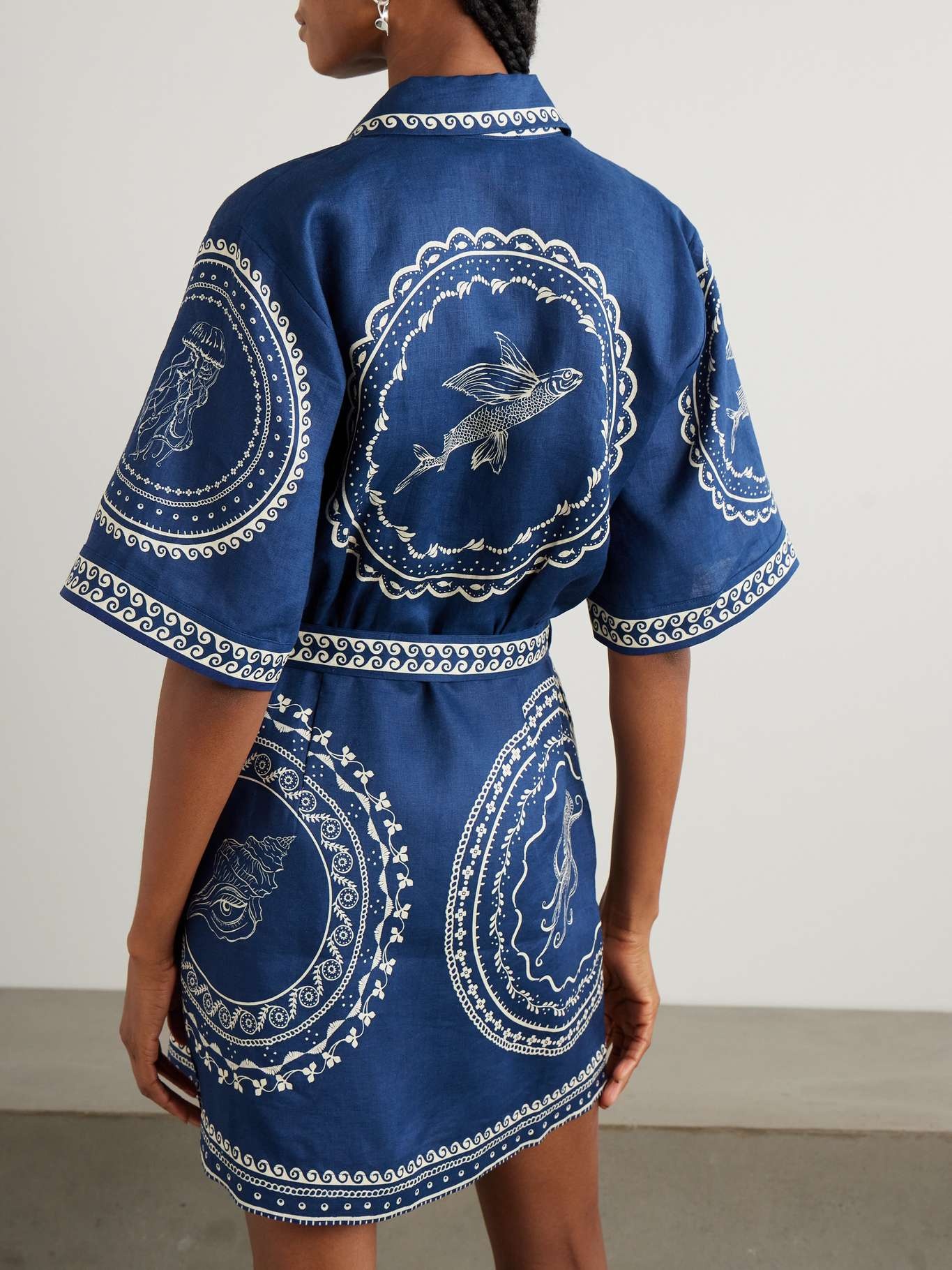 Oceane belted printed linen mini shirt dress Navy - 3