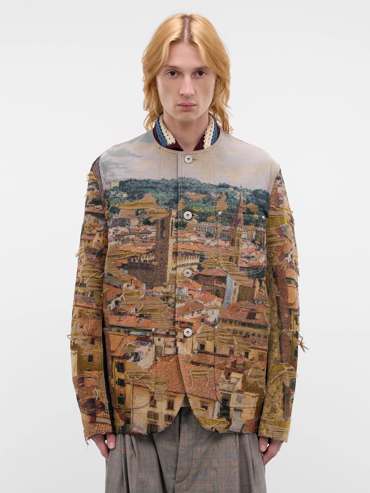 Beige Distressed Cityscape Knit Jacket - 1