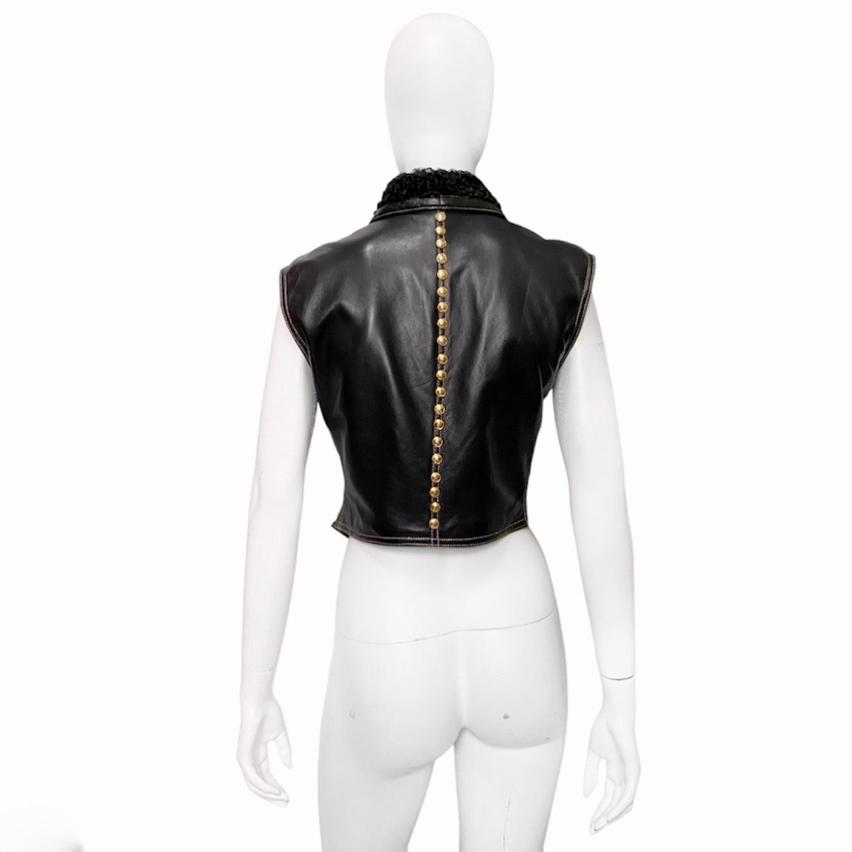 Gianni Versace Fall 1992 Midnight Cowgirl Lambskin Leather Vest with Mongolian Hair Collar and Gold  - 6