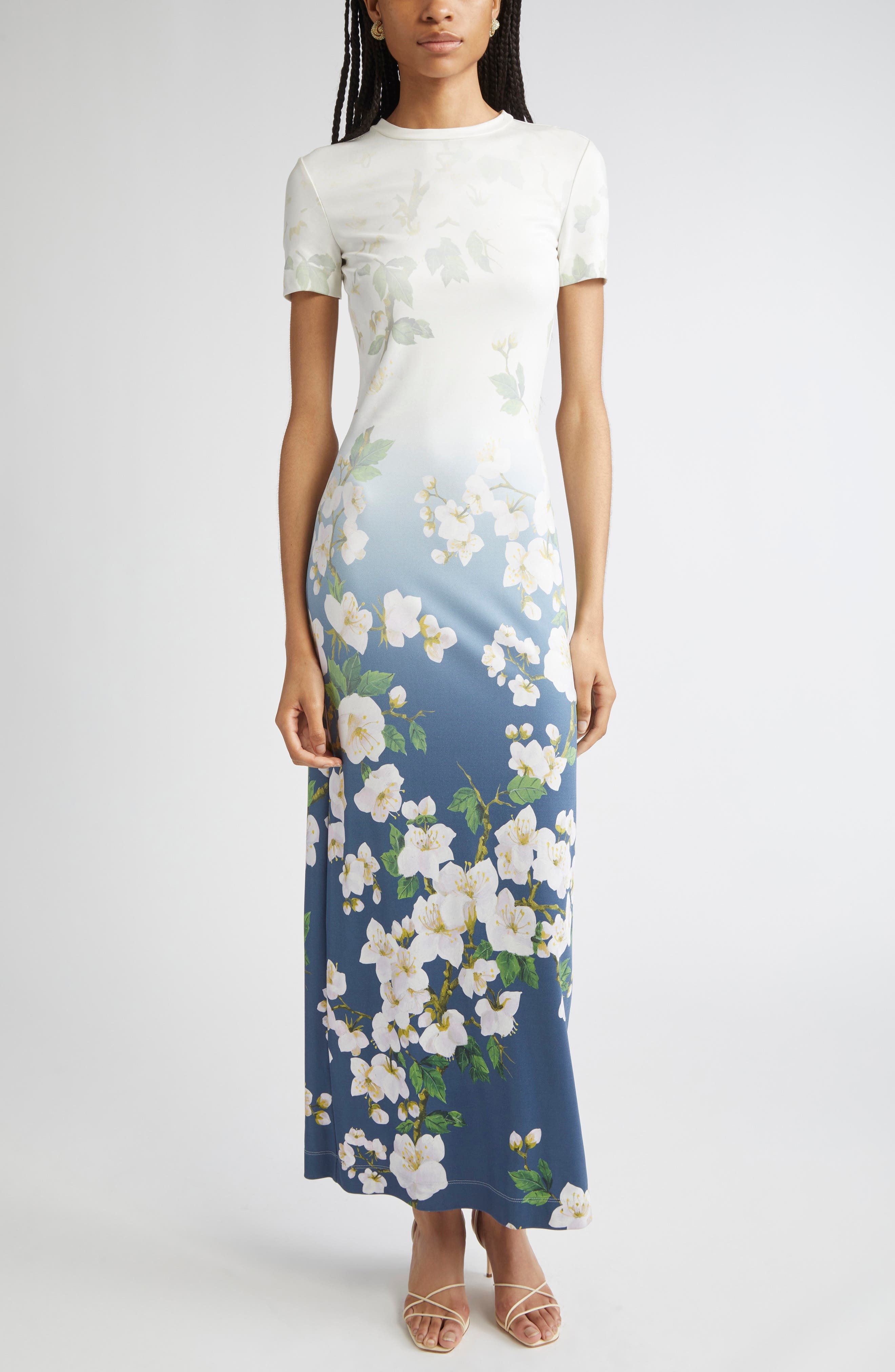 Oscar de la Renta Cherry Blossom Ombré Maxi Dress in White Navy Ombre at Nordstrom - 1