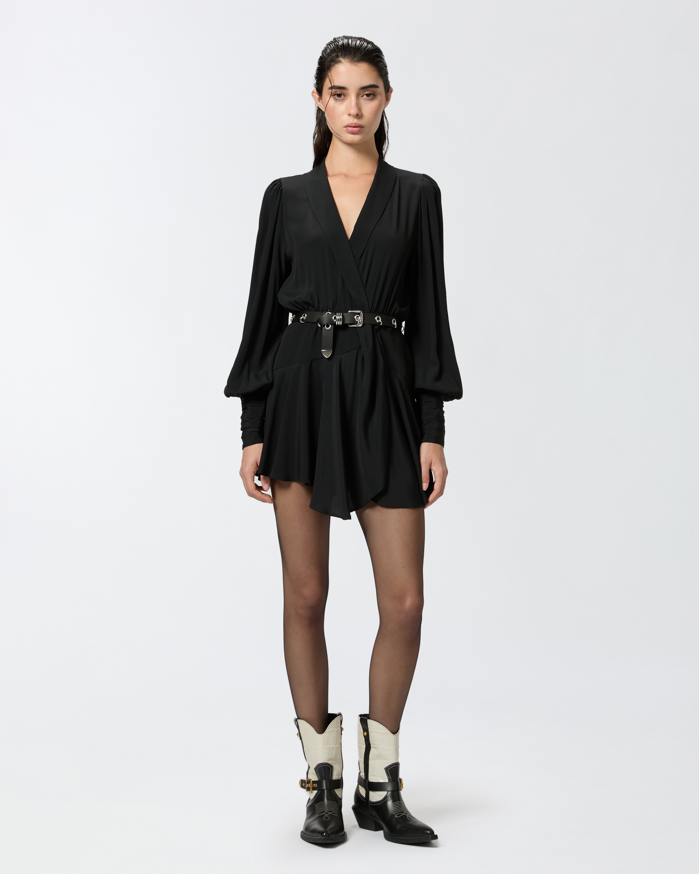 PLUNGING-NECK SILK-BLEND MINI DRESS - 3