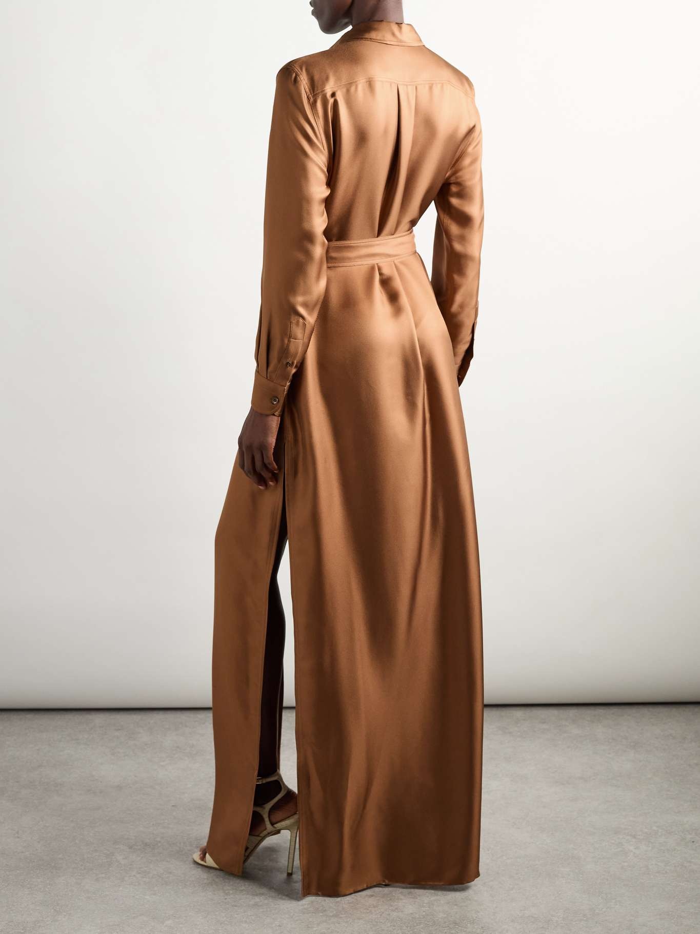 Belted silk-twill maxi shirt dress Camel - 3