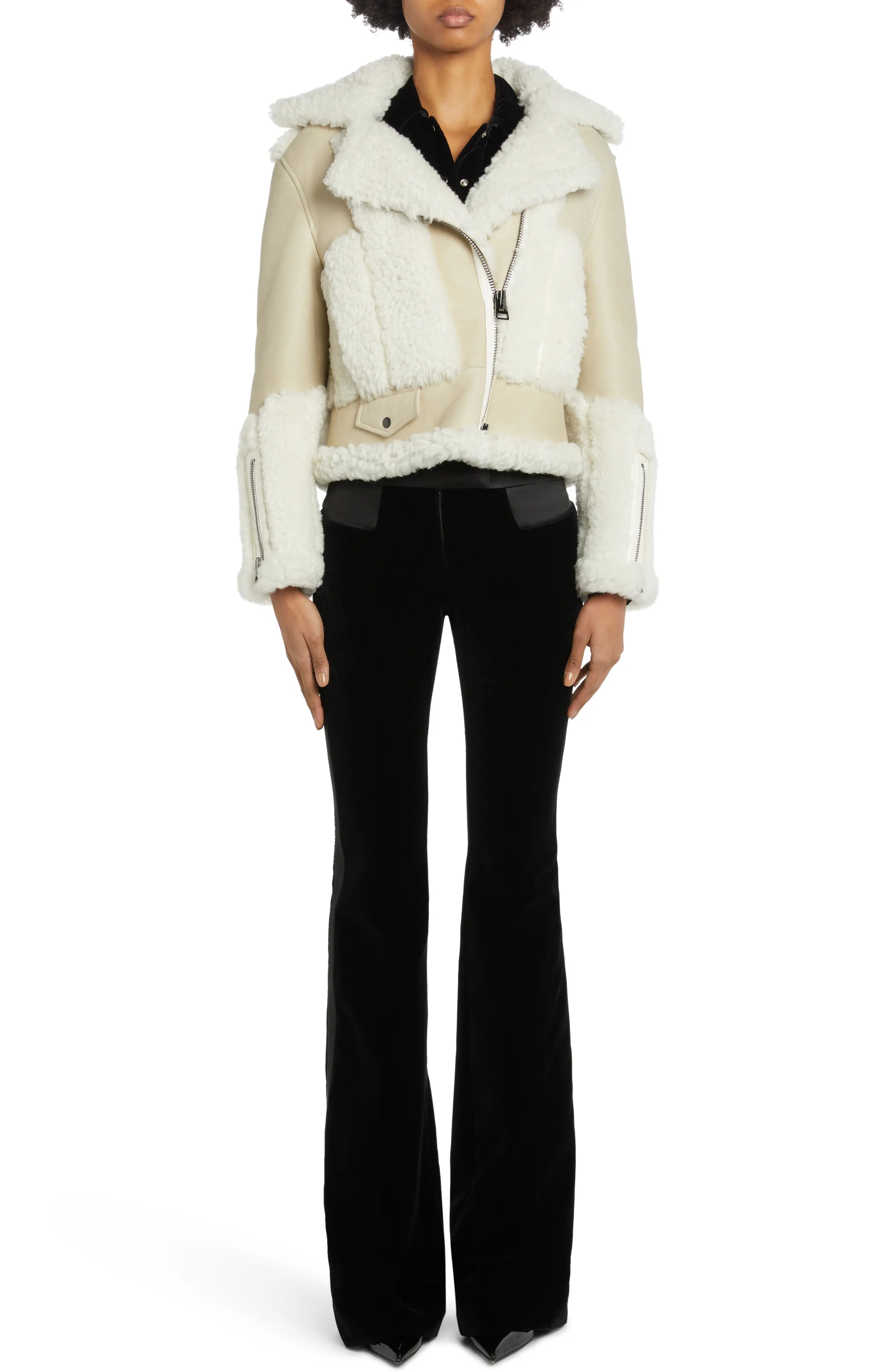 Patchwork Genuine Shearling Moto Jacket - 7