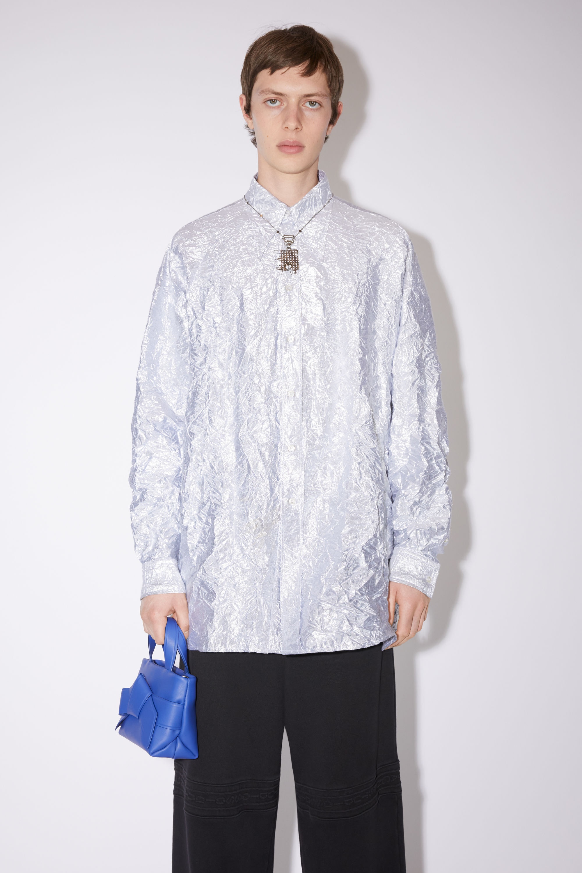 Crinkled lurex button-up shirt - Silver - 2
