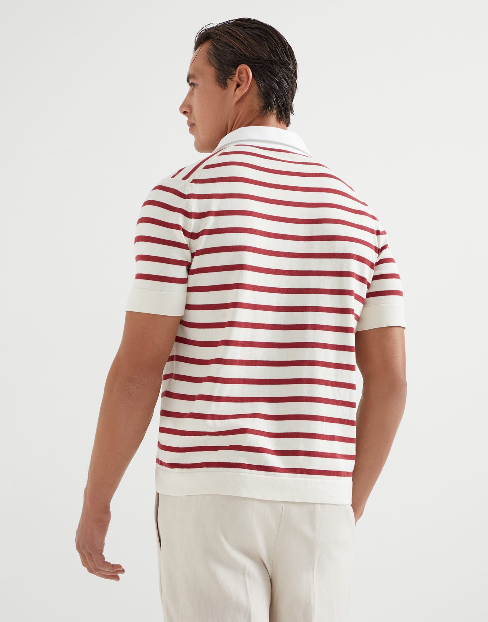 Cotton striped knit polo shirt with twill collar - 2
