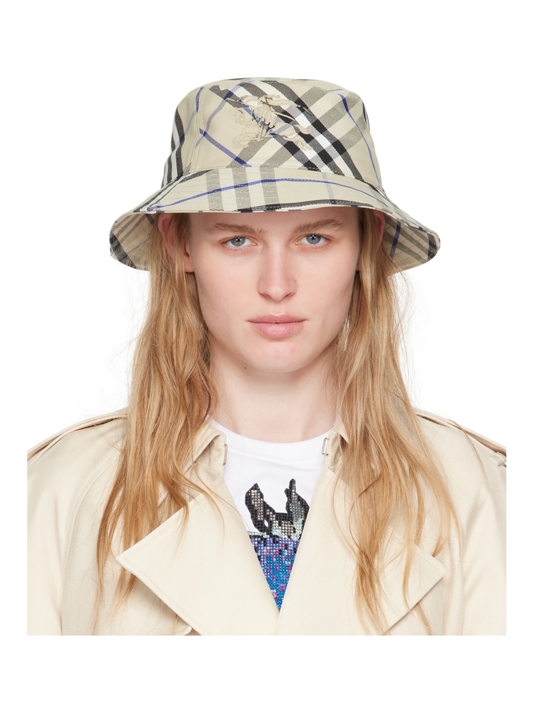 Beige Check Bucket Hat - 1