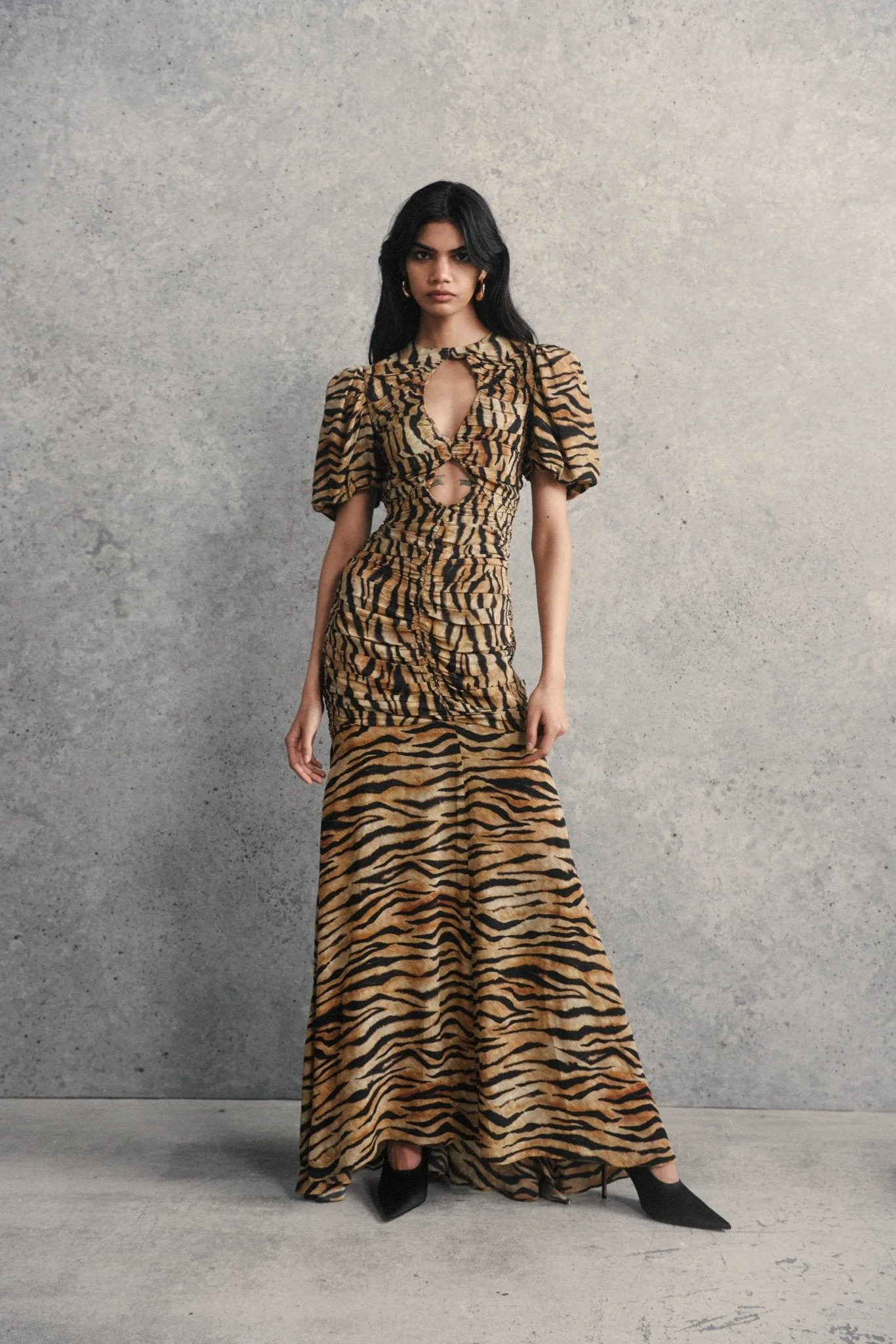 OLYMPIA MAXI DRESS IN CHOCOLATE SALVAJE ANIMAL PRINT CREPE DE CHINE - 1