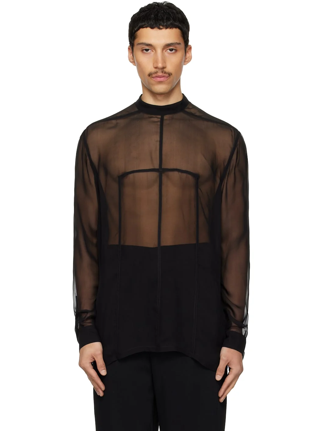 Black Temple Silk Chiffon Fork Shield Top - 1