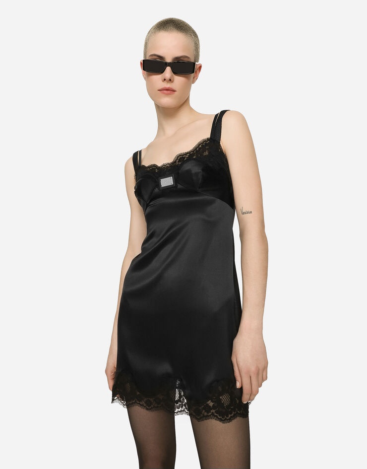Dolce & Gabbana SLIP DRESS スリップ ドレス シルク エレガント Long silk chiffon and Chantilly lace slip dress in Black for