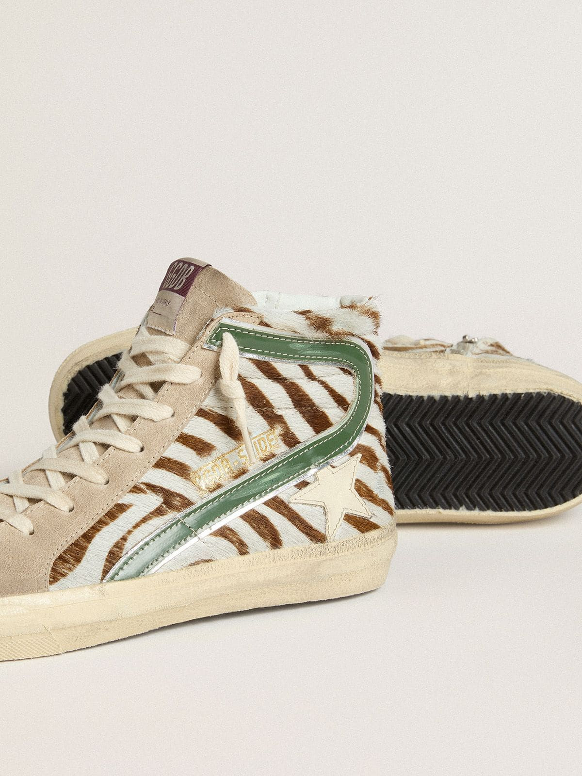 Women's Slide in zebra-print pony skin with green laminated leather flash - 3