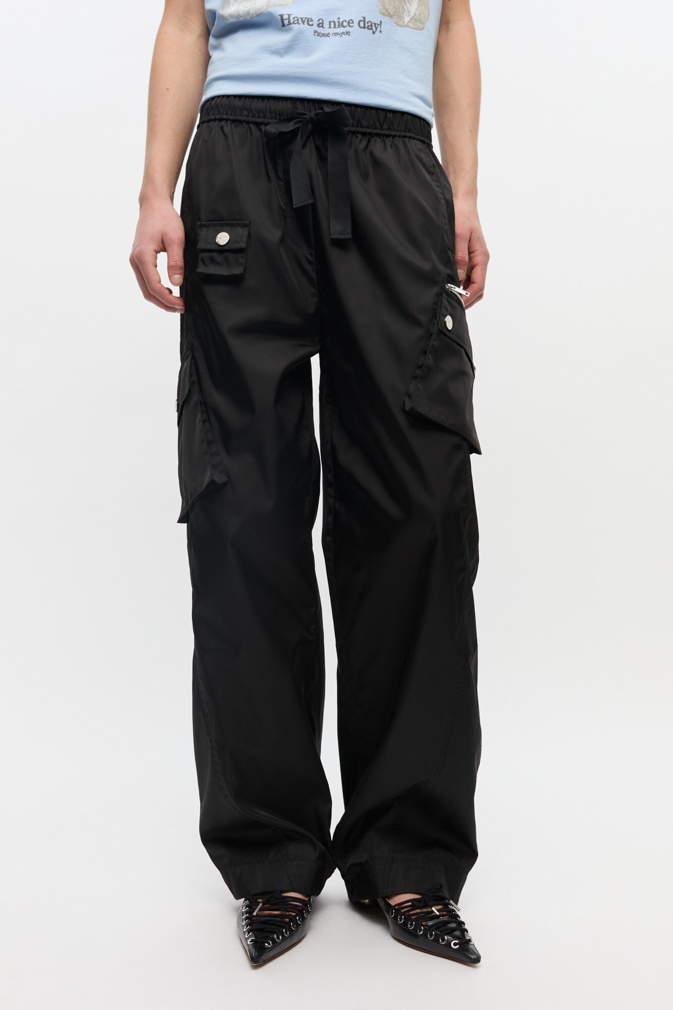 BLACK NYLON ELASTICATED PANTS - 3