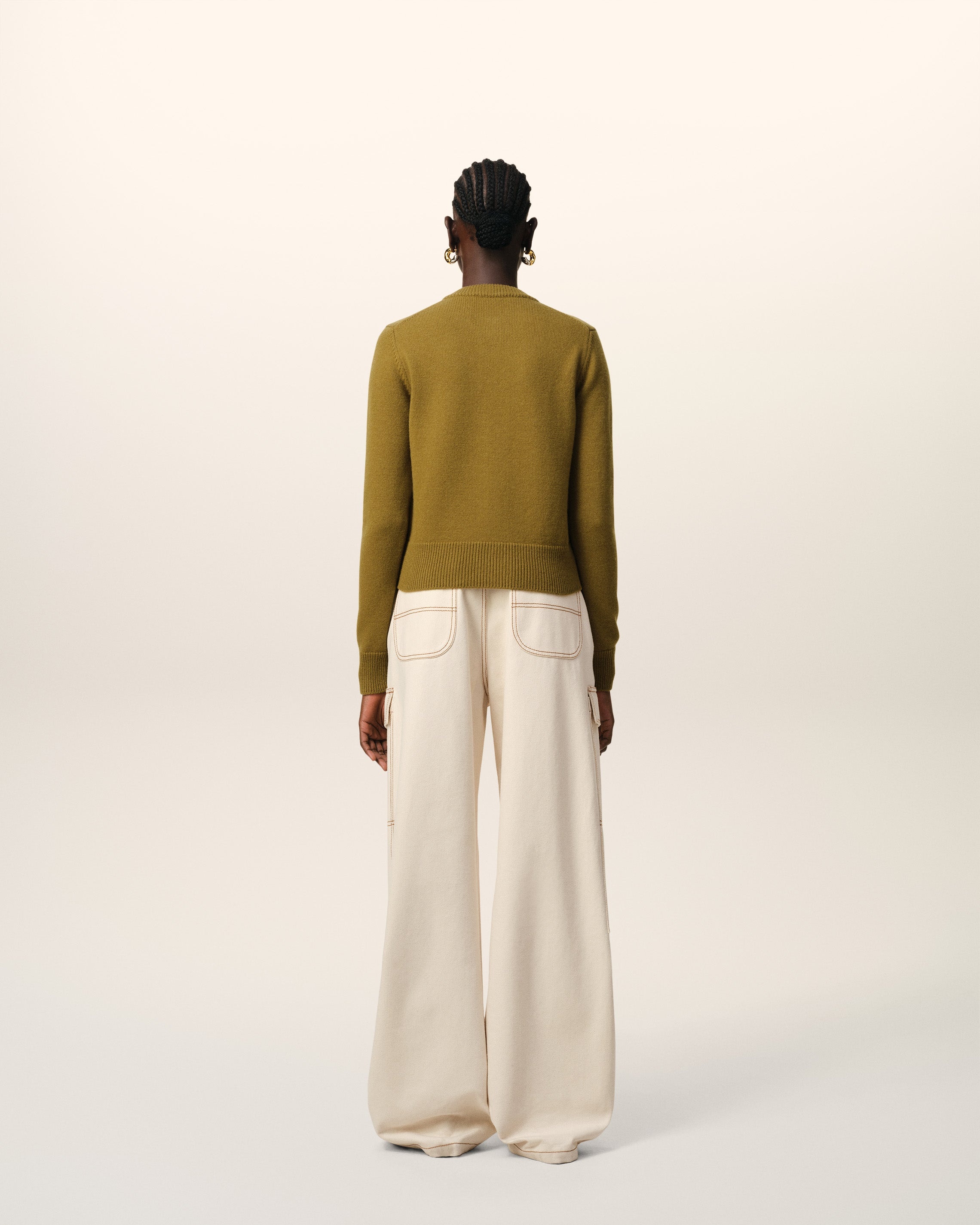 KHAKI WOOL KNIT AMI DE COEUR CREWNECK CARDIGAN - 5